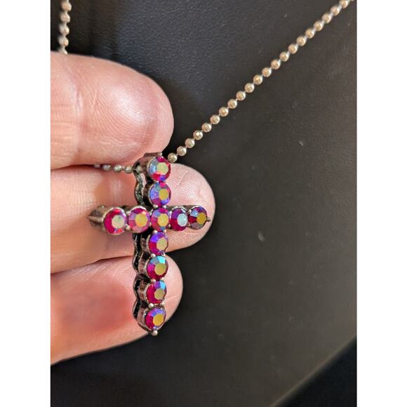 Pink AB Aurora Borealis Crystal Cross Necklace W/ Beaded Silver Tone Chain - Picture 2 of 7